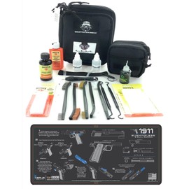 RangeMaster Elite EDC Bag Gun Cleaning Kit- Compatible for 1911 Bushingless - Instructional Step by Step Mat with Hoppes Gun Oil No.9 Solvent & Patchs Clenzoil CLP 10 Pc Cleaning Accessories Set