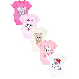 TupTam Baby Bodysuit Short Sleeve in Pack of 5 - Printed Cotton Bodysuit for Boys and Girls, I Love Mum Dad White Cat Mouse Pink Bear Ecru