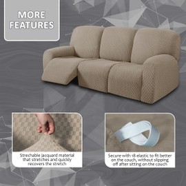ULTICOR 8-Pieces Recliner Sofa Covers, Jacquared Stretch Couch Covers for 3 Cushion Reclining Sofa Slipcovers Thick Soft Washable (Style 1) (Taupe, 3 Seater Recliner Cover)