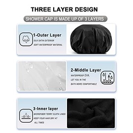YIZIJIZI YIZIJIZI Terry Lined Shower Cap,Triple Layer Large Cap for Women,Shower Cap Reusable Waterproof,Long Thick Hair(Black)