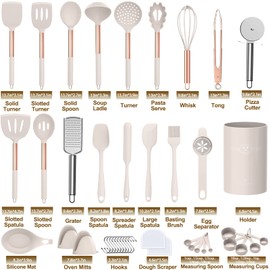 Umite Chef Silicone Kitchen Cooking Utensil Set, 43 pcs Spatula Utensils Set with Rose Gold Stainless Steel Handle, Non-stick Heat Resistant - Best Cookware Set-(Khaki)