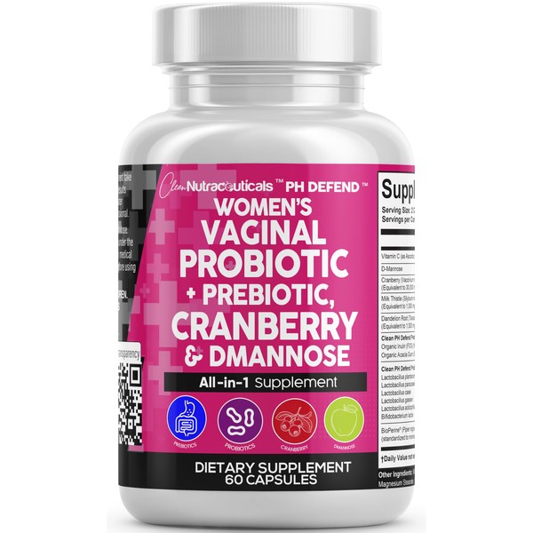 Clean Nutraceuticals Vaginal Probiotics for Women with Cranberry, D-Mannose, Prebiotics,