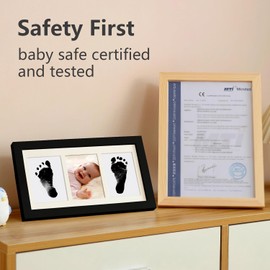 Hiumotan Baby Hand and Footprint Kit,Inkless Baby Handprint Kit with 2 Safe Clean-Touch Inkless Ink Pads and a Wooden Baby Picture Frames for Newborn,Baby&Pet,Baby Gift Kit for New Parent,Grandparent,Baby Shower -Black