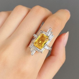 EUJHRTM 925 Sterling Silver Irregular Extra Large Yellow Diamond Zircon Luxury Proposal Ring T Square Diamond Full Set Ultra Sparkling Diamond Zircon Engagement Jewelry 9, ZY-PU111-Y5