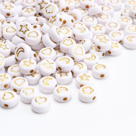 Siomia 100Pcs Letter Beads 4x7mm White Round Acrylic Gold Alphabet Beads Letter Heart Star Flower Moon Beads for Jewelry Making DIY Bracelets Necklaces Key Chains