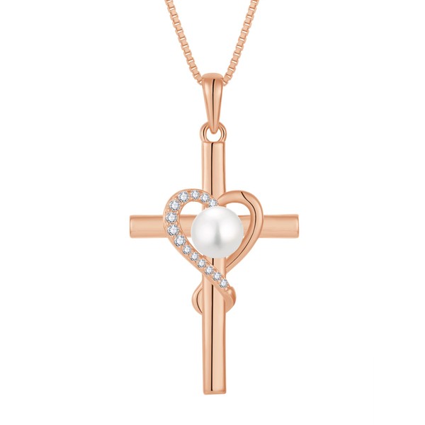 PYNZY Pearl Cross Pendant Neckalce for Women, 925 Sterling Silver