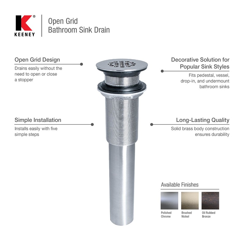 Keeney K820-74BRZ Universal Open Grid Bathroom Sink Drain Without Overflow,
