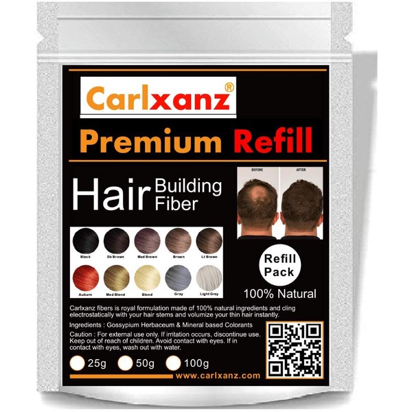 Carlxanz Hair Fibers for Thinning Hair (BLACK) 25g Refill Pack Conceals Hair Loss & Bald Spot Advanced Electrostatic Bonding