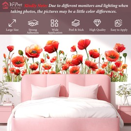 VePret Large Flowers Wall Decals Peel and Stick, Red Floral Poppies Buds Wall Stickers, Removable Watercolor Vinyl Home Decor Art for Bedroom Living Room Classroom Office