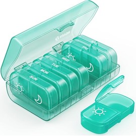 AUVON Pill Box Organiser, XL Weekly Pill Box 7 Day 2 Times a Day with One-Side Large Opening Design for Easy Filling, Tablet Organiser with Cyan Privacy Protection for Medication/Vitamins/Fish Oils