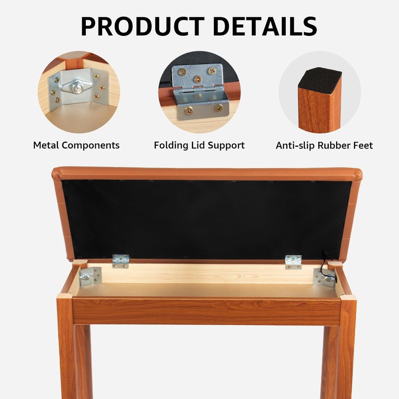 Duet Piano Bench with Padded Cushion and Storage - Solid