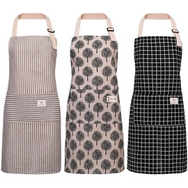 Veraing Pack of 3 Aprons, Cotton Linen Cooking Apron, Waterproof Adjustable Kitchen Apron with Pockets, Women and Men, for Cooking or Baking, Beige, black