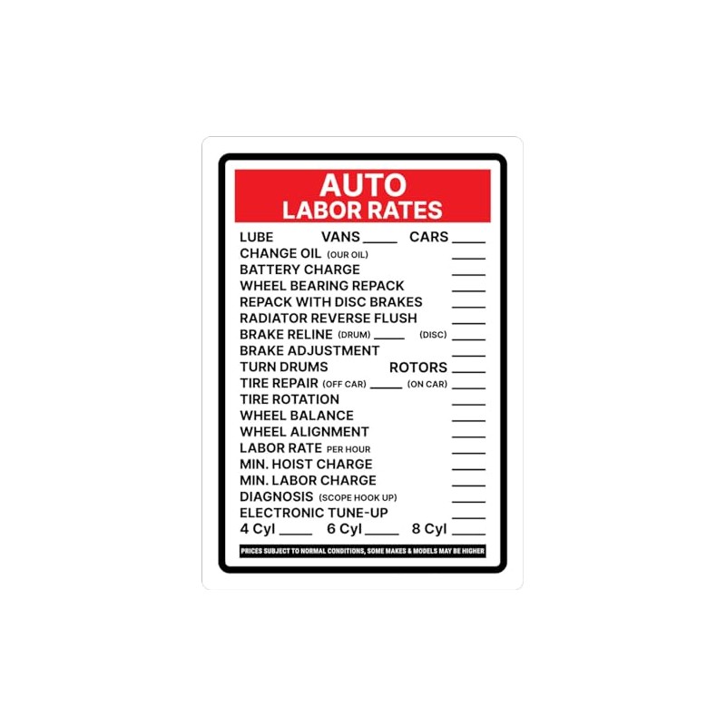 Auto Labor Rates Portrait - Wall Sign 8"x12" Metal Sign
