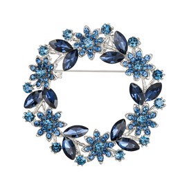 EVER FAITH Sparkly Rhinestone Crystal Flower Wreath Brooches Pin, Vintage Inspired Hollow Garland Brooch Brooch Clip for Women Blue Silver-Tone