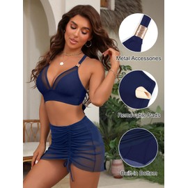 Blooming Jelly Womens High Wasited Bikini Sets Tummy Control Bathing Suit Modest Swim Skirt Swim Suits 2025 (M, Navy Blue)