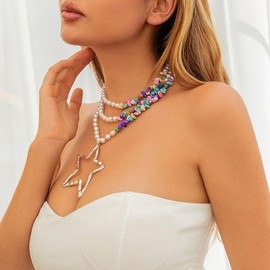 Zoestar Boho Pearl Necklace, Gold Star Pendant Choker Necklaces, Turquoise Beach Necklace for Women, Non-precious metal