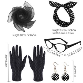 Makoto Nobu 5 Stücke Rockabilly Accessoires Damen, 50er Jahre Kostüm Damen Vintage Kleidungszubehör, 1950s Kostüm Set mit Chiffon Schal Handschuhe Sonnenbrille Polka Dot Bandana Ohrringe