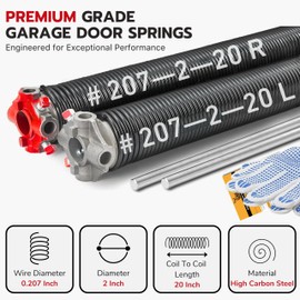 Buck Pair of 2" Heavy Duty Garage Door Torsion Springs Set with Non-Slip Winding Bar & Gloves - High Precision Replacement with Electrophoresis Black Coating, Minimum 20,000 Cycles (0.207x2''x20'')