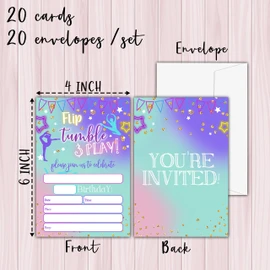 KFNER Gymnastics Birthday Invitations, Neon Glow Birthday Party Invitation Card, Jumping Birthday Party Favors & Celebration Supplies(20 Set of Invitations with Envelopes)-B34