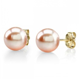THE PEARL SOURCE 14K Gold 7-8mm AAAA Quality Round Peach Freshwater Cultured Pearl Stud Earrings for Women