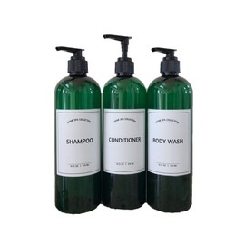 MountainLeaf 16 oz PET Plastic Slim (Cosmo) Round Pump Bottles with Printed Waterproof Labels of Shampoo, Conditioner and Body Wash - Set of 3 (Green Bottle with Black Pump)