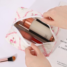 FITINI Makeup Bag Travel Large Portable Quilted Floral Print Cosmetic Organizer Cute Pouch for Women Soft Cotton Zipper Waterproof Toiletry Storage Bags,Pink Butterflies