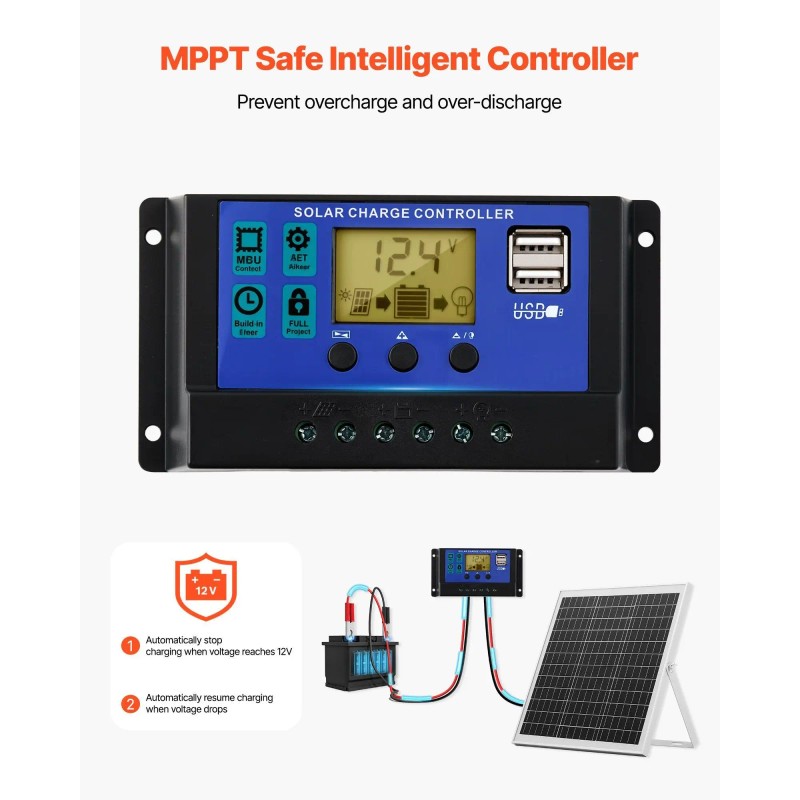 Solar Panel Battery Charger 20W 12V MPPT Waterproof IP67 Adjustable