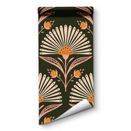 Peel and Stick Wallpaper -Blooming Fan Shaped Floral Wallpaper, Removable Contact Paper in Black Modern Design for Bathroom, Bedroom, Living Room Laundry Decor 17.7”×118”