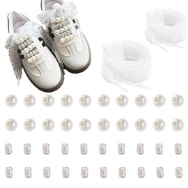 Lospfo 42 Pcs DIY Shoe Charms Set for Sneaker Shoelace Accessories with Faux Pearl Beads Bling Hollow Bead and Wide Lace Shoelaces