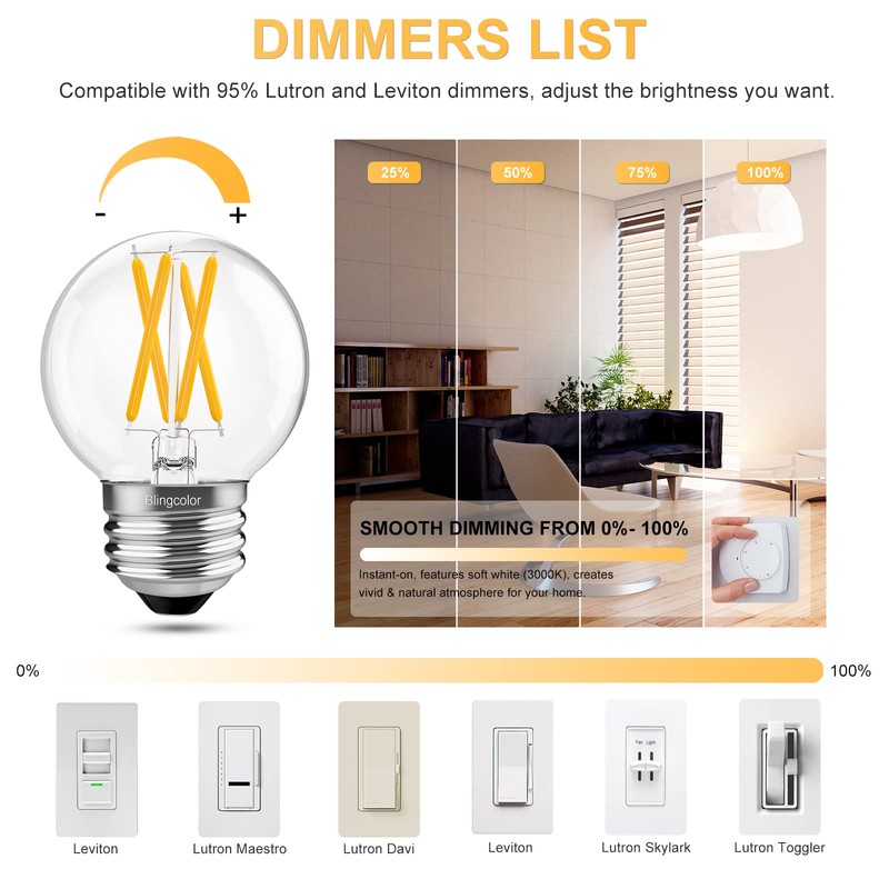 BLINGCOLOR 6 Pack Dimmable G16.5 LED Light Bulbs 60 Watt,