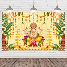 Wollmix Pooja Ganpati Decoration Banner Indian Puja Cloth Items Backdrop Traditional Chatiya Ganesh Mehndi Photography Background Festival Wedding Party Marigold Garlands Photo Booth 70.8x43.3inch