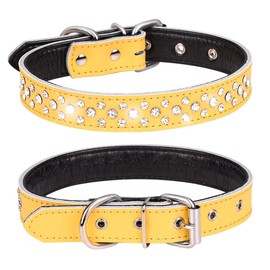 Pimaodog Rhinestones Dog Collar, Adjustable Sparkly Crystal Studded Genuine Leather Pet Dog Collar for Small and Medium Dogs (S, Yellow)