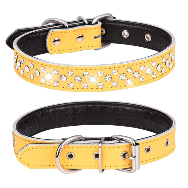 Pimaodog Rhinestones Dog Collar, Adjustable Sparkly Crystal Studded Genuine Leather