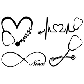 Nurse Decal 4 Pack: Heart, Heartbeat, Infinity, Stethoscope (Black, Large 5")