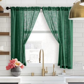 SHINELAND - Cortinas cortas de lino traslúcidas de 48 pulgadas para ventanas, cortinas de tejido abierto con bolsillo para barra para cocina, dormitorio, ventana pequeña, 36 pulgadas de ancho x 48