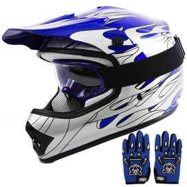 TCT-MOTORPARTS DOT Youth Kids Dirt Bike Full Face Helmets Motocross ATV Offroad Four Wheeler Helmet Blue Flame X-Large Size