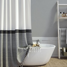 Dynamene Modern Farmhouse Fabric Shower Curtain,78 Inch Long Boho Black and White Striped Cloth Bathroom Shower Curtain with Tassels, Hotel Luxury Shower Curtain Set with 12 Hooks, 72x78