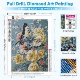MOGTAA Butterfly Diamond Art Kits for Adults, 5D Full Drill Diamond Painting Kits for Adults Beginners, DIY Flowers Landscape Round Diamond Dots for Adults, Gem Art for Home Decor 12 X 16Inch