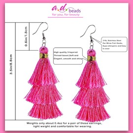 AD Beads Fashion Charm Crystal Silk Tassel 3 Layers Fan Fringe Dangle Earrings (25 Rose Red)