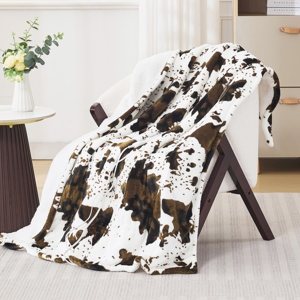 PTQ Brown Cow Print Heated Throw Blanket, Electric Blanket with