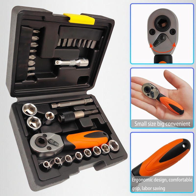 JEUCLEL 31PCS 1/4" Drive Mini Ratchet Set with bits, Torx,