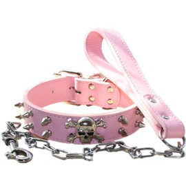 haoyueer Spiked Studded 1.2" Wide Leather Dog Collar Chain Leash Combo Set for Medium Large Pitbull Husky Mastiff Terrier(Pink,L)