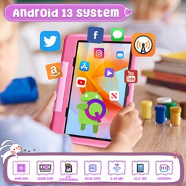 Kids Tablet 10 Inch Android 13, 10 GB RAM + 128 GB ROM / 1 TB, Octa-Core, 1080P IPS, Kids Tablet with Child Control, 6000 mAh, Dual Camera, WiFi, Bluetooth 5.0, Tablet Children with Cases, Rose