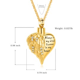 Cremation Jewelry Angel Wing Heart Urn Necklaces for Ashes for Women Men Memorial Lockets Pendant Engraved Always in my Mind Forever in my Heart, Stainless Steel, stainless steel