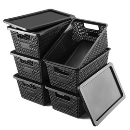 VEGITERIA Storage Baskets with Lids - 6 Quart Stackble Plastic Organizer Bins for Pantry, Closet, Bedroom,Shelves | Durable Home Office Classroom Organization and Storage, 6 Pack, Black