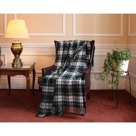 Soft 100% Irish Lambswool Throw Toss Blanket, Imported from Ireland, Traditional Celtic Tartan Plaid, Warm Heirloom Quality, Green/White