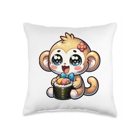 Cute Kawaii Monkey Neck Tie Eating Sushi Japanese Food Throw Pillow