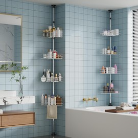 Takywep Corner Shower Caddy Tension Pole, 4-Tier Rustproof Bathroom Shelves with Built-In Towel Bars, 75-110 Inch Adjustable Bathtub Storage Organizer for Inside Shower, Silver