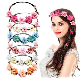 MUNSKT 6PCS Flower Crown Elastic Headbands for Women Girls, Multicolour Hair Wreath Floral Headpieces, Boho Festival Accessories for Wedding Party Vacation
