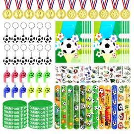 FINEASY 84 PCS Football Party Bags, Football Party Bags Include Football Keychain, Bracelets, Whistle, Tattoo Stickers, Slap Bracelets, Gift Bags, Medals, Football Party Supplies for Boys Girls